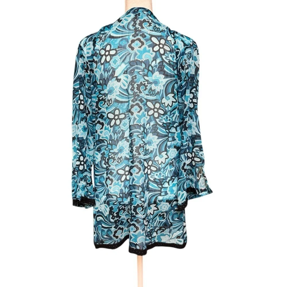 Sheer Blue Floral Tie Front Kimono Cover Up Size Small Beach Pool Resortwear